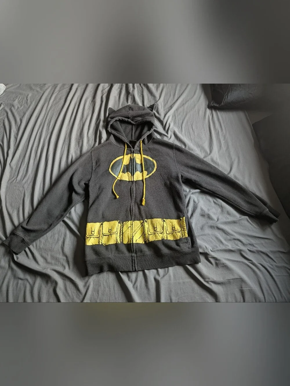 Batman Black Hoodie with Yellow Logo & Utility Belt Print